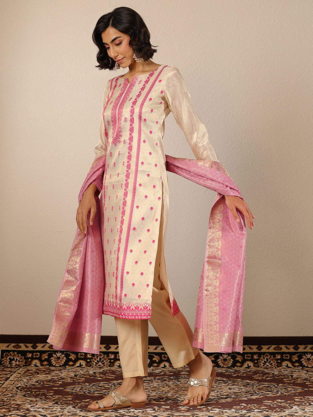 Off White Woven Design Silk Blend Straight Suit Set With Dupatta