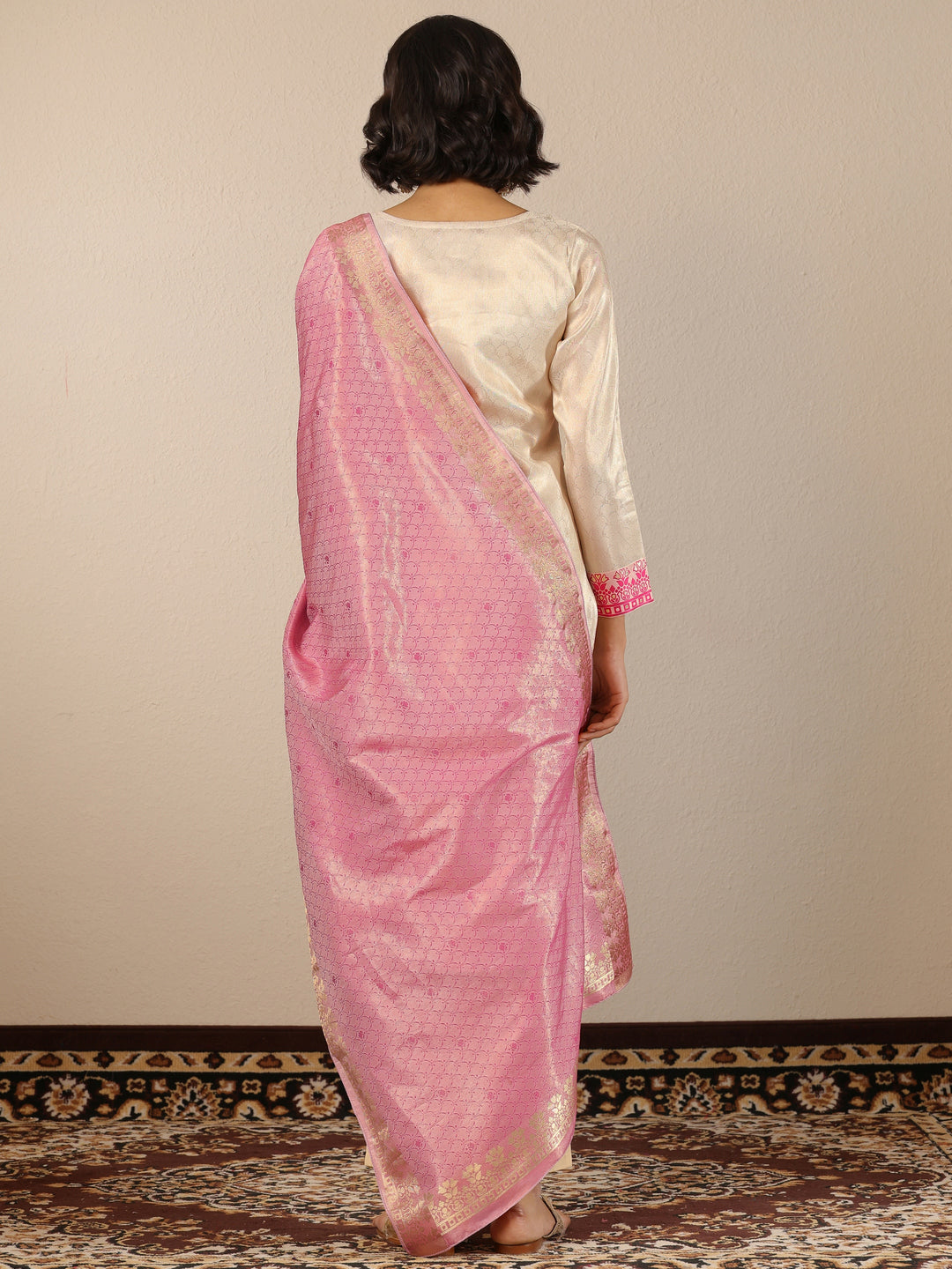 Off White Woven Design Silk Blend Straight Suit Set With Dupatta