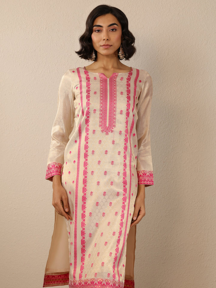 Off White Woven Design Silk Blend Straight Suit Set With Dupatta