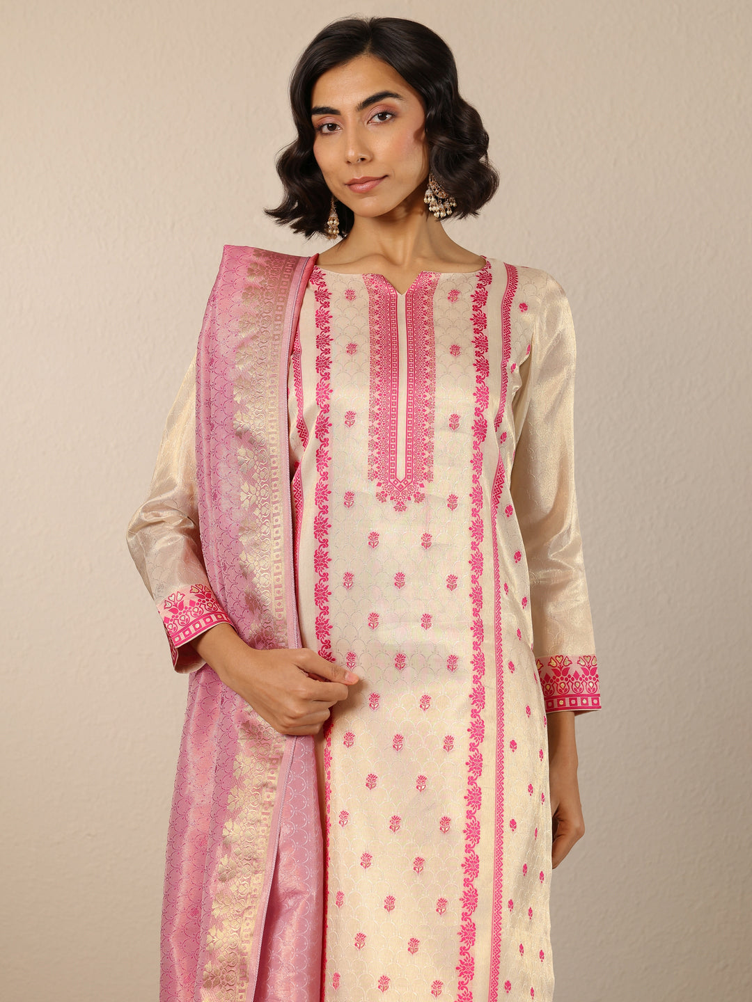 Off White Woven Design Silk Blend Straight Suit Set With Dupatta