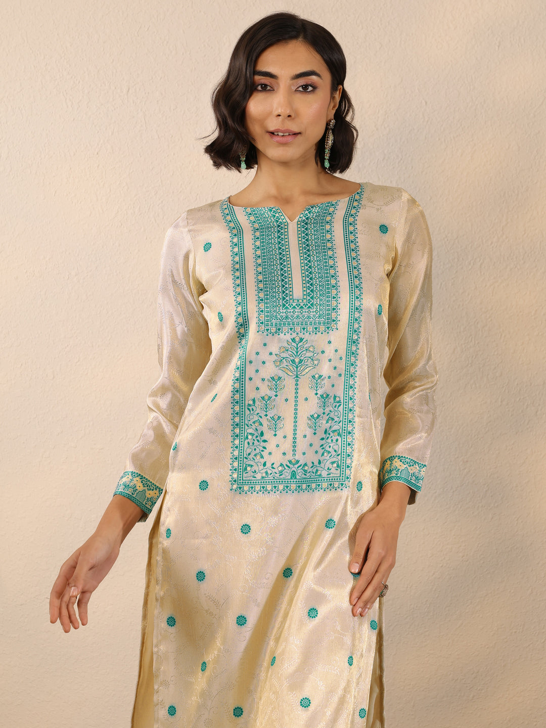 Off White Woven Design Silk Blend Straight Suit Set With Dupatta