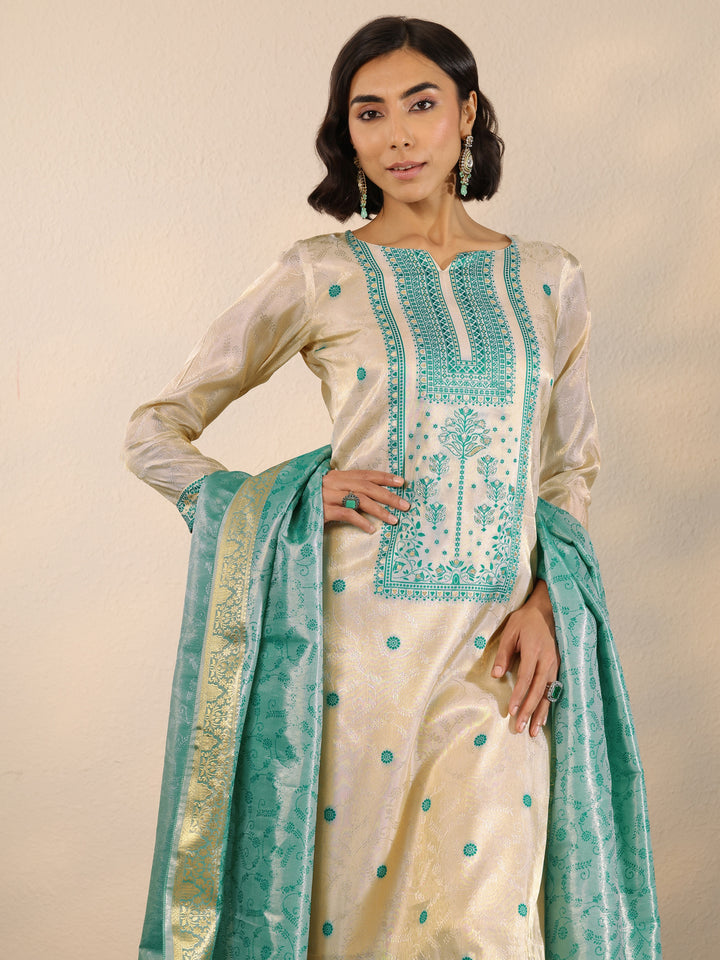 Off White Woven Design Silk Blend Straight Suit Set With Dupatta