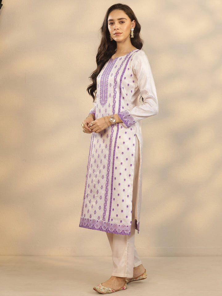 Off White Woven Design Silk Blend Straight Suit Set With Dupatta