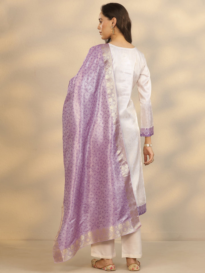 Off White Woven Design Silk Blend Straight Suit Set With Dupatta
