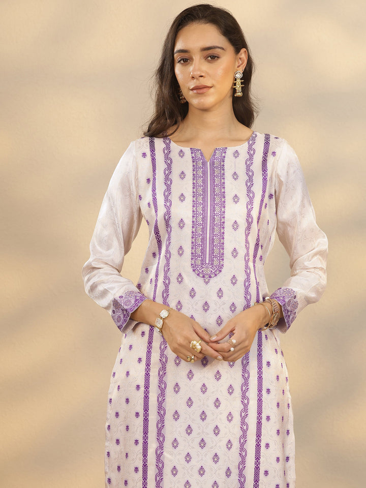 Off White Woven Design Silk Blend Straight Suit Set With Dupatta
