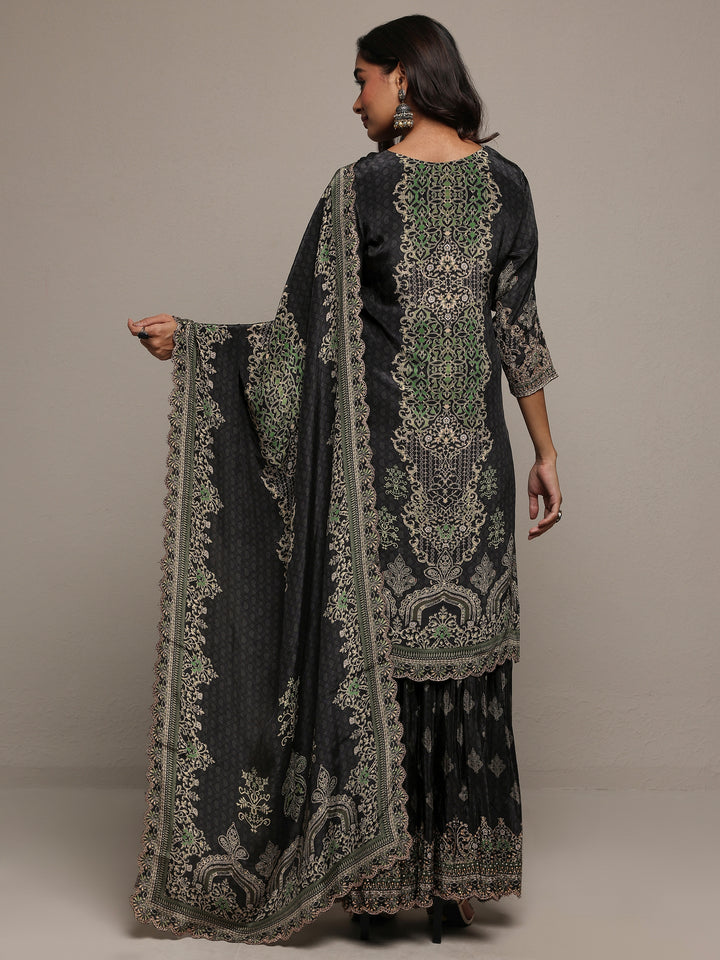 Libas Art Black Embroidered Silk Crepe Straight Suit Set With Dupatta