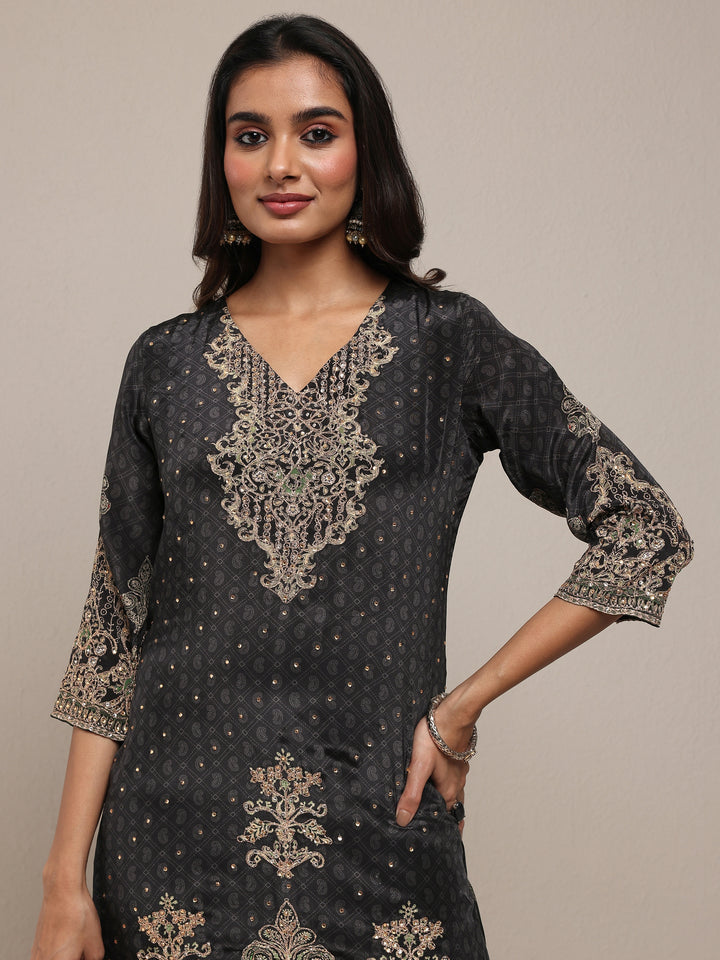 Libas Art Black Embroidered Silk Crepe Straight Suit Set With Dupatta