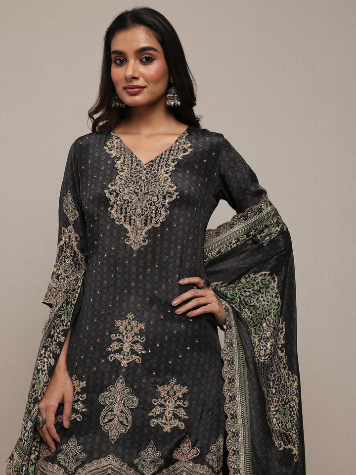 Libas Art Black Embroidered Silk Crepe Straight Suit Set With Dupatta