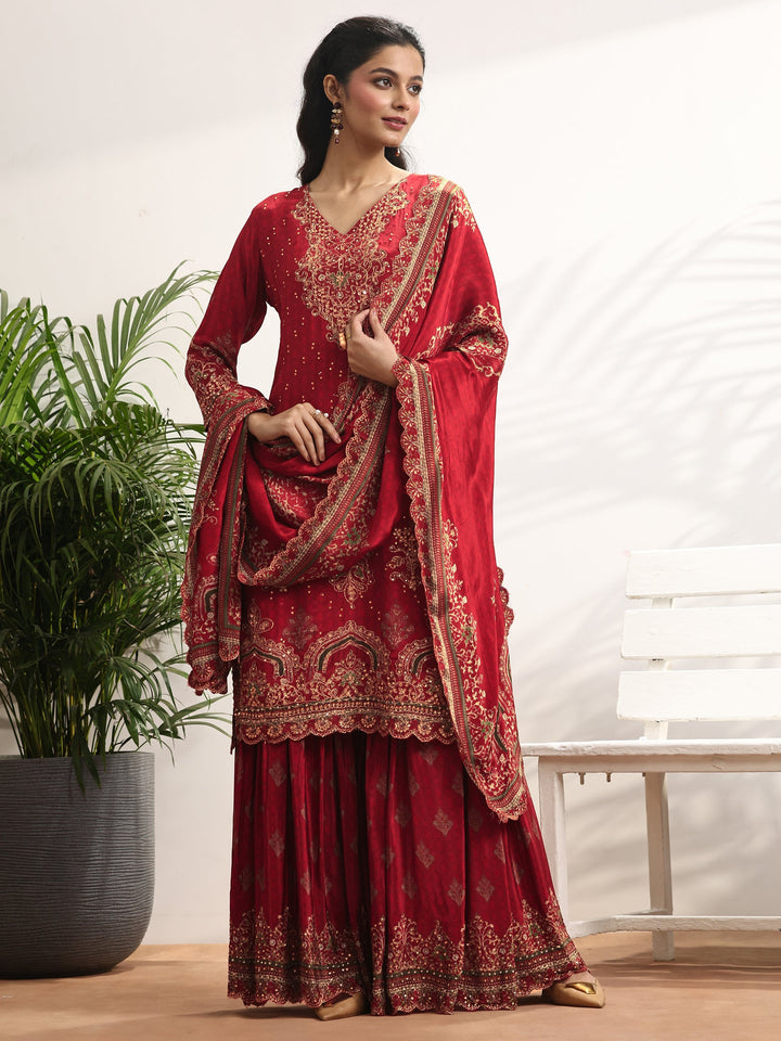 Libas Art Red Embellished Crepe Suit Set With Dupatta