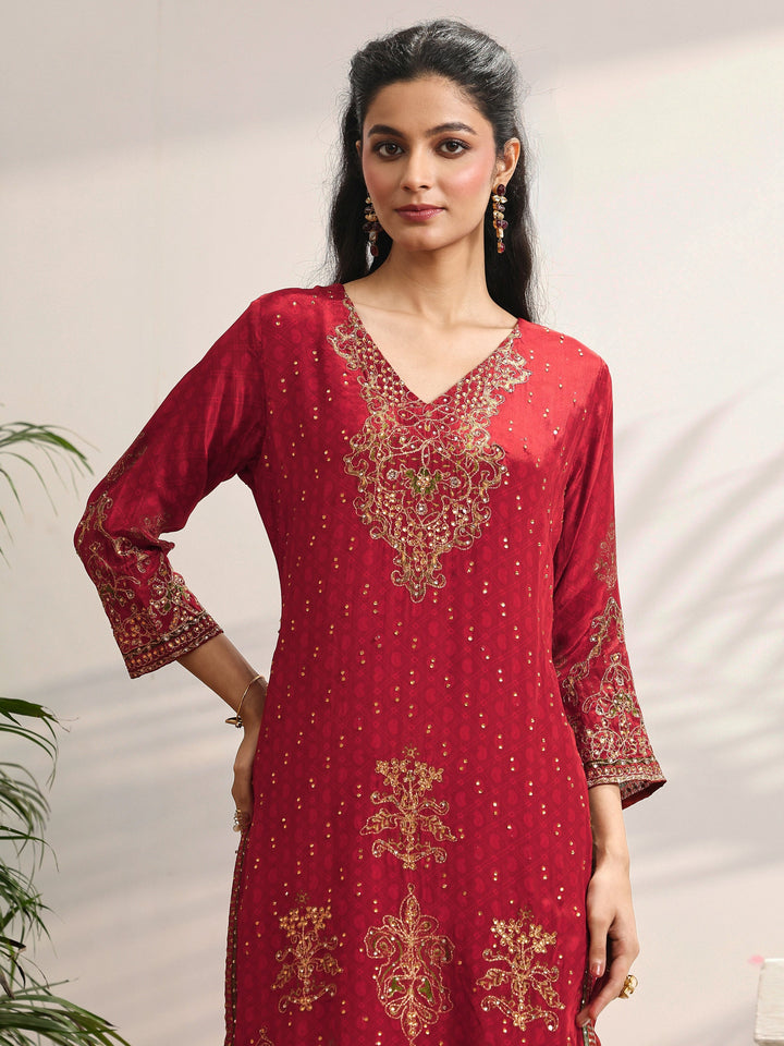 Libas Art Red Embellished Crepe Suit Set With Dupatta