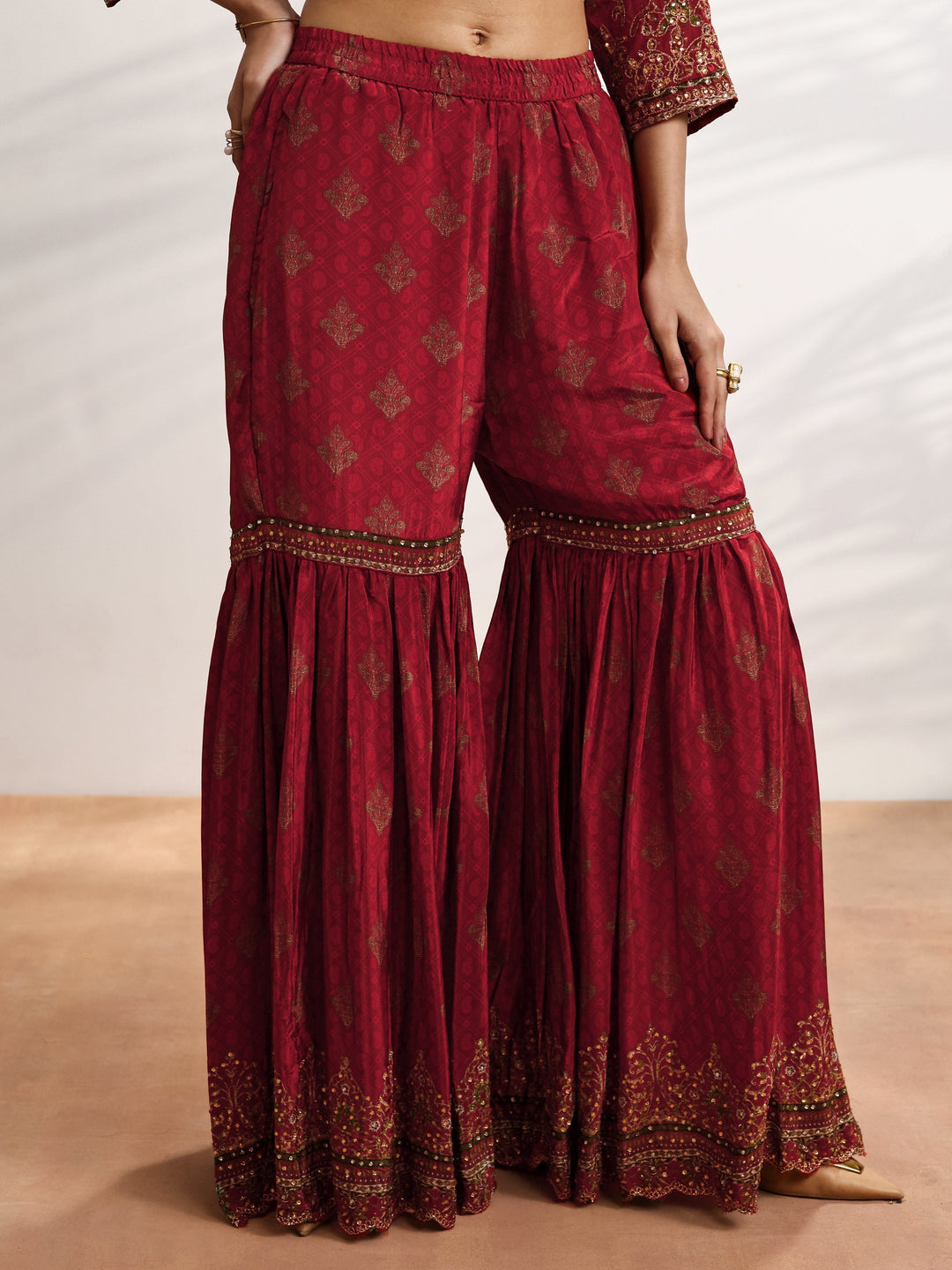 Libas Art Red Embellished Crepe Suit Set With Dupatta
