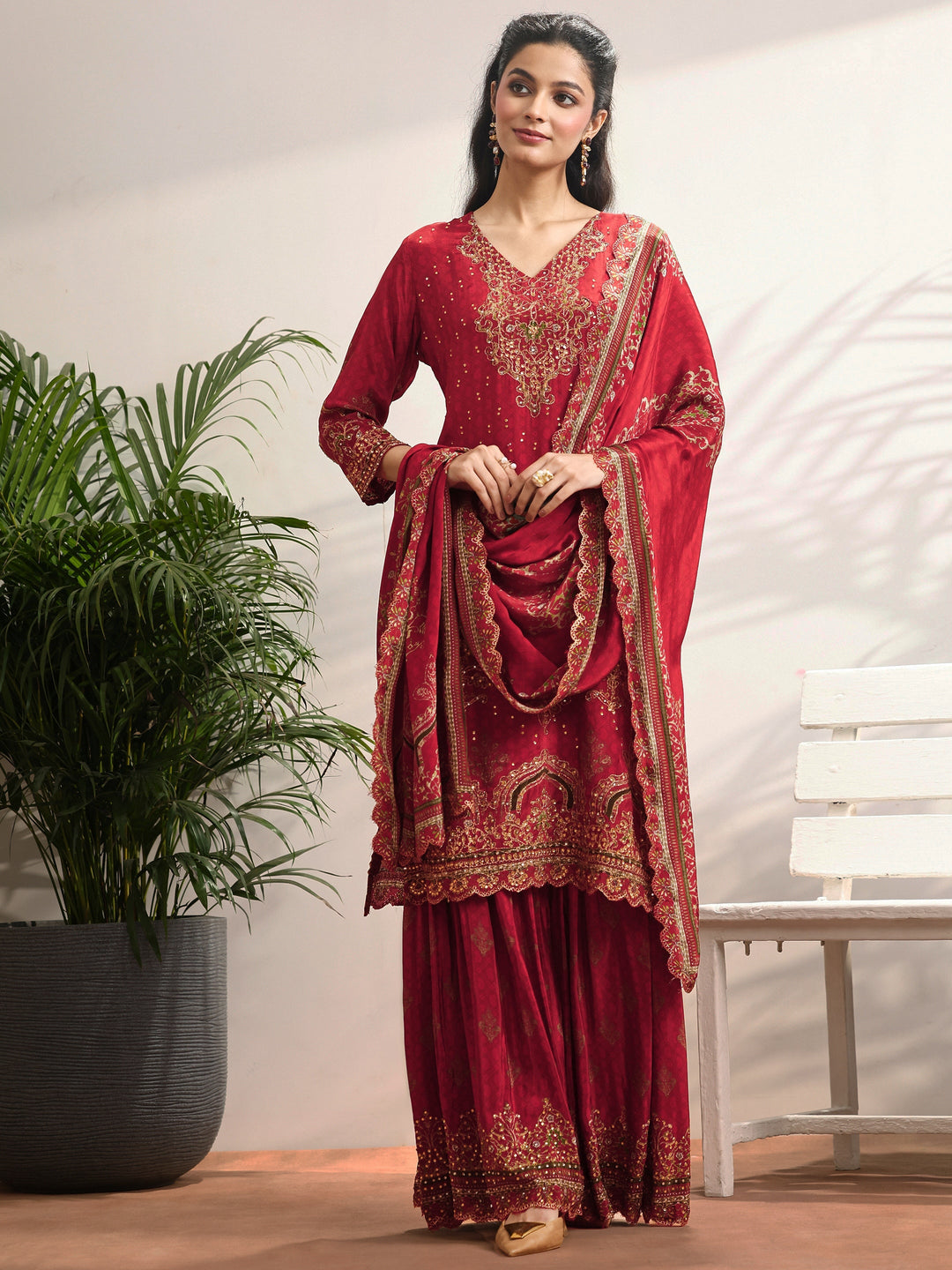 Libas Art Red Embellished Crepe Suit Set With Dupatta