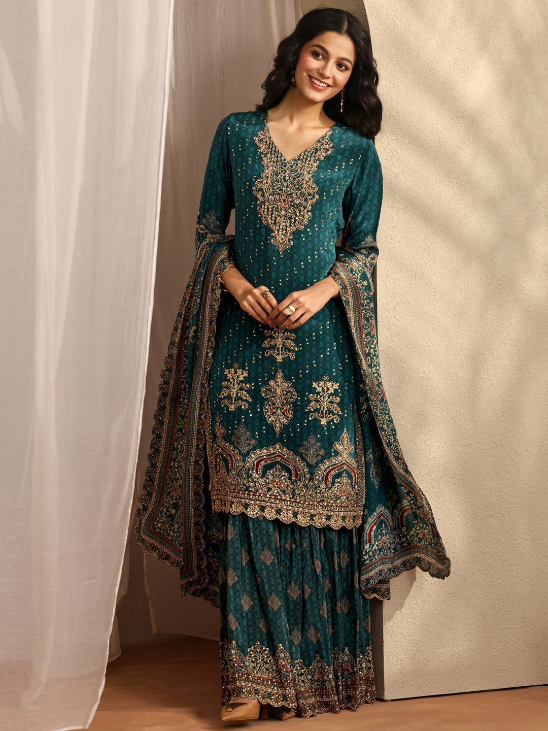 Libas Art Teal Embellished Crepe Suit Set With Dupatta