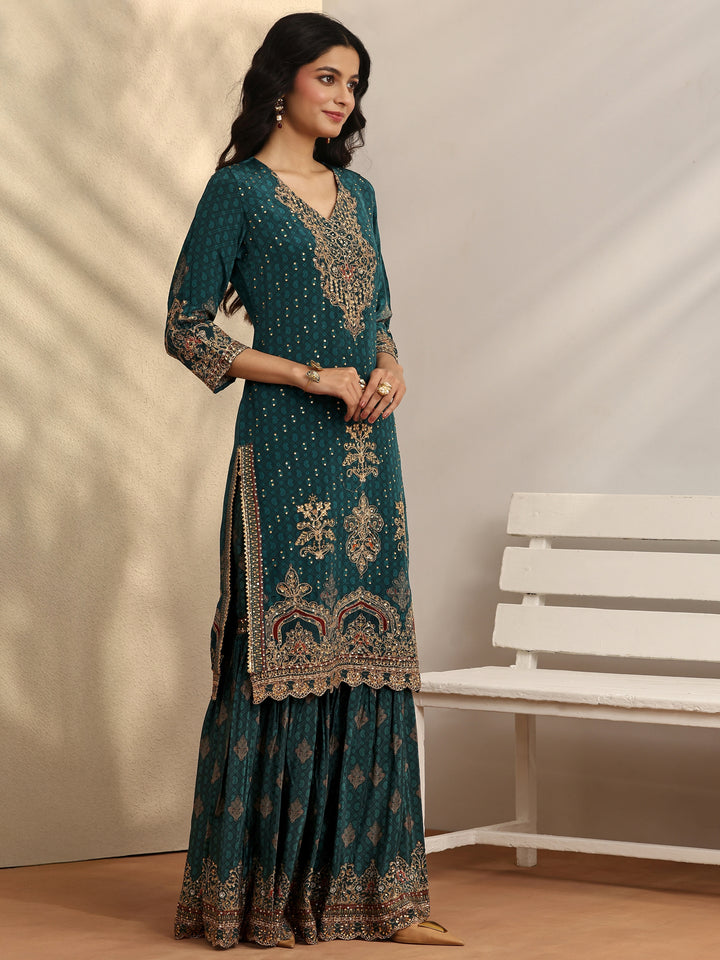 Libas Art Teal Embellished Crepe Suit Set With Dupatta