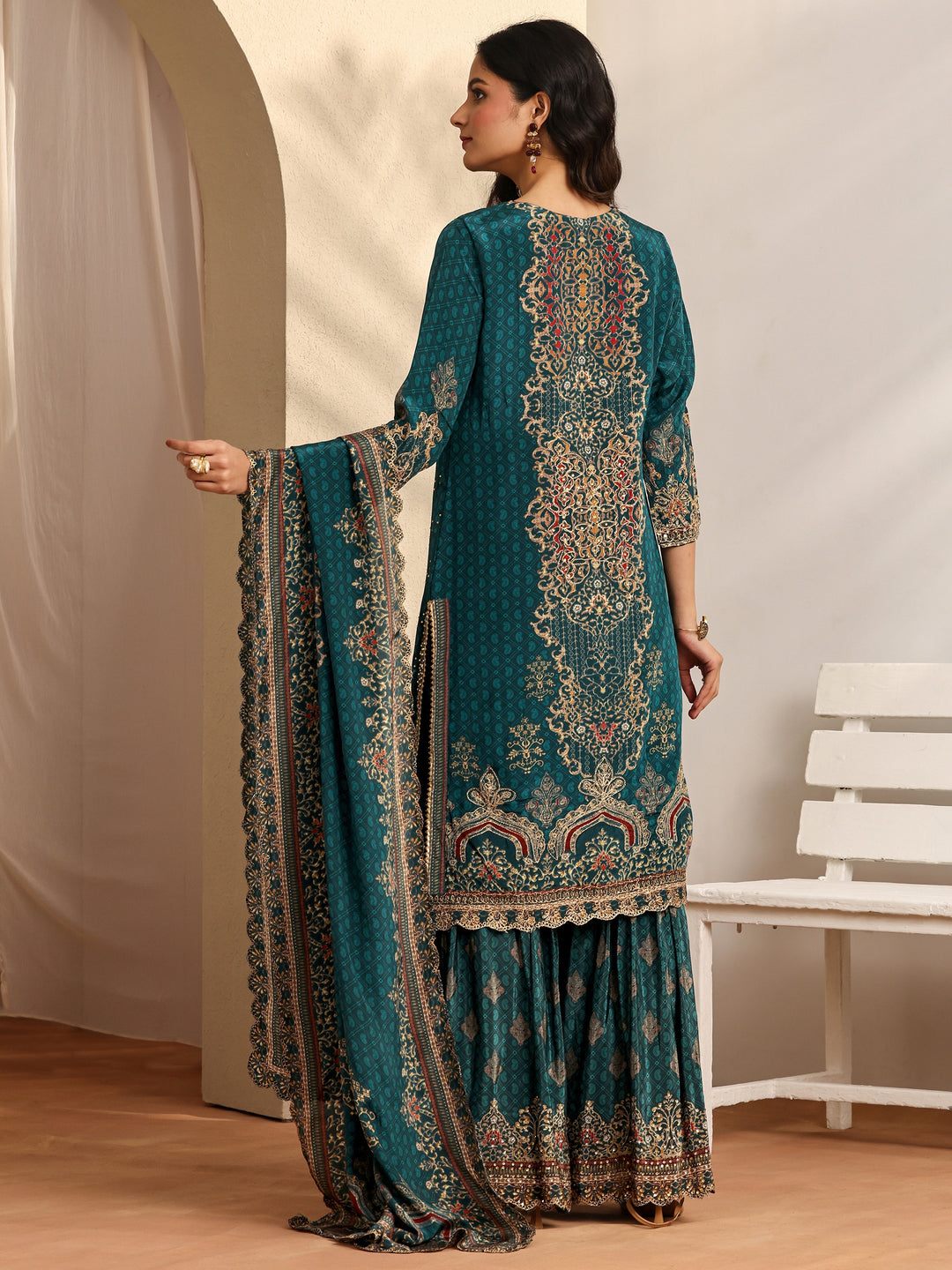 Libas Art Teal Embellished Crepe Suit Set With Dupatta