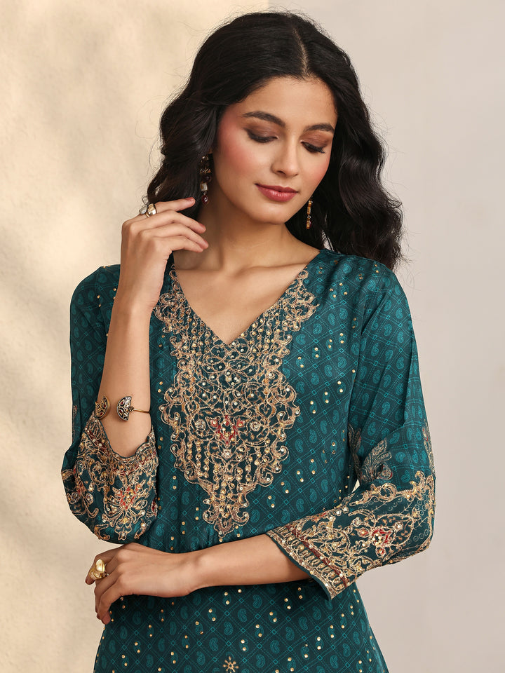 Libas Art Teal Embellished Crepe Suit Set With Dupatta