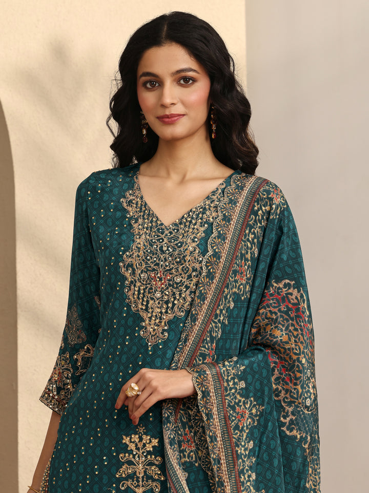 Libas Art Teal Embellished Crepe Suit Set With Dupatta