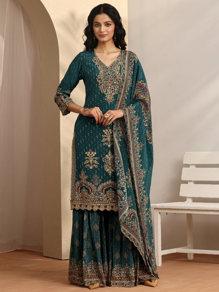 Libas Art Teal Embellished Crepe Suit Set With Dupatta