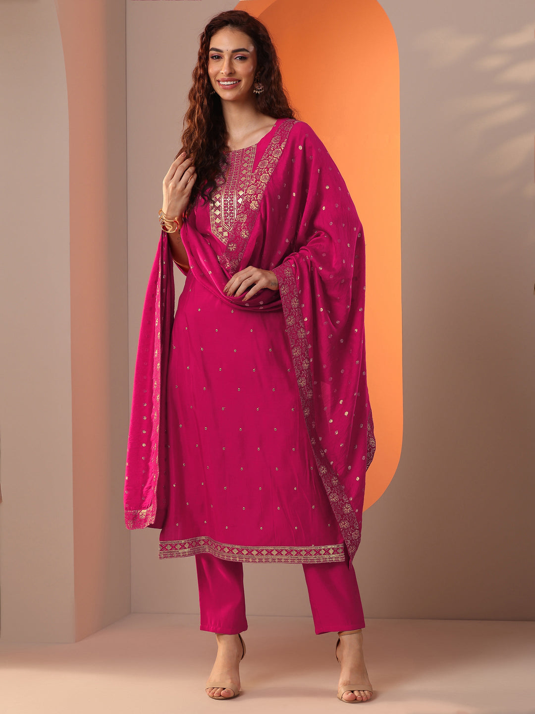 Pink Embellished Silk Blend Straight Suit Set With Dupatta
