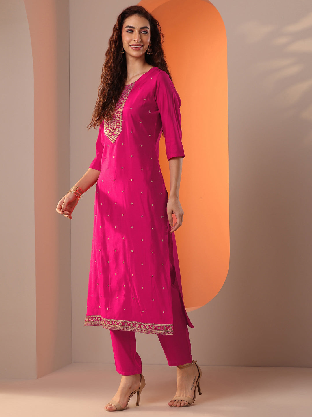 Pink Embellished Silk Blend Straight Suit Set With Dupatta