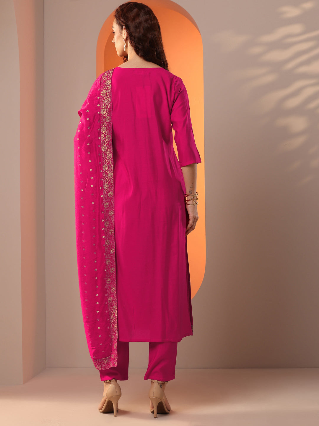 Pink Embellished Silk Blend Straight Suit Set With Dupatta