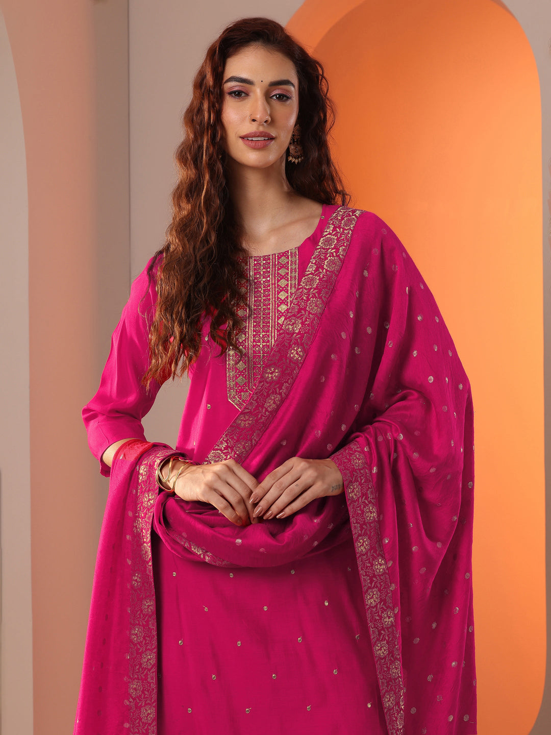 Pink Embellished Silk Blend Straight Suit Set With Dupatta