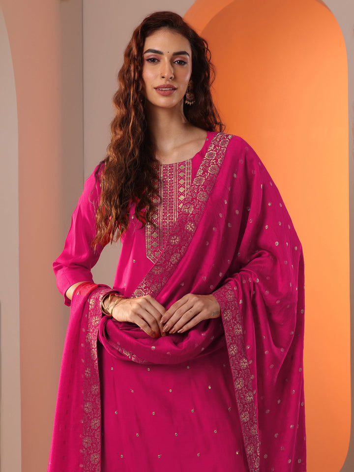 Pink Embellished Silk Blend Straight Suit Set With Dupatta