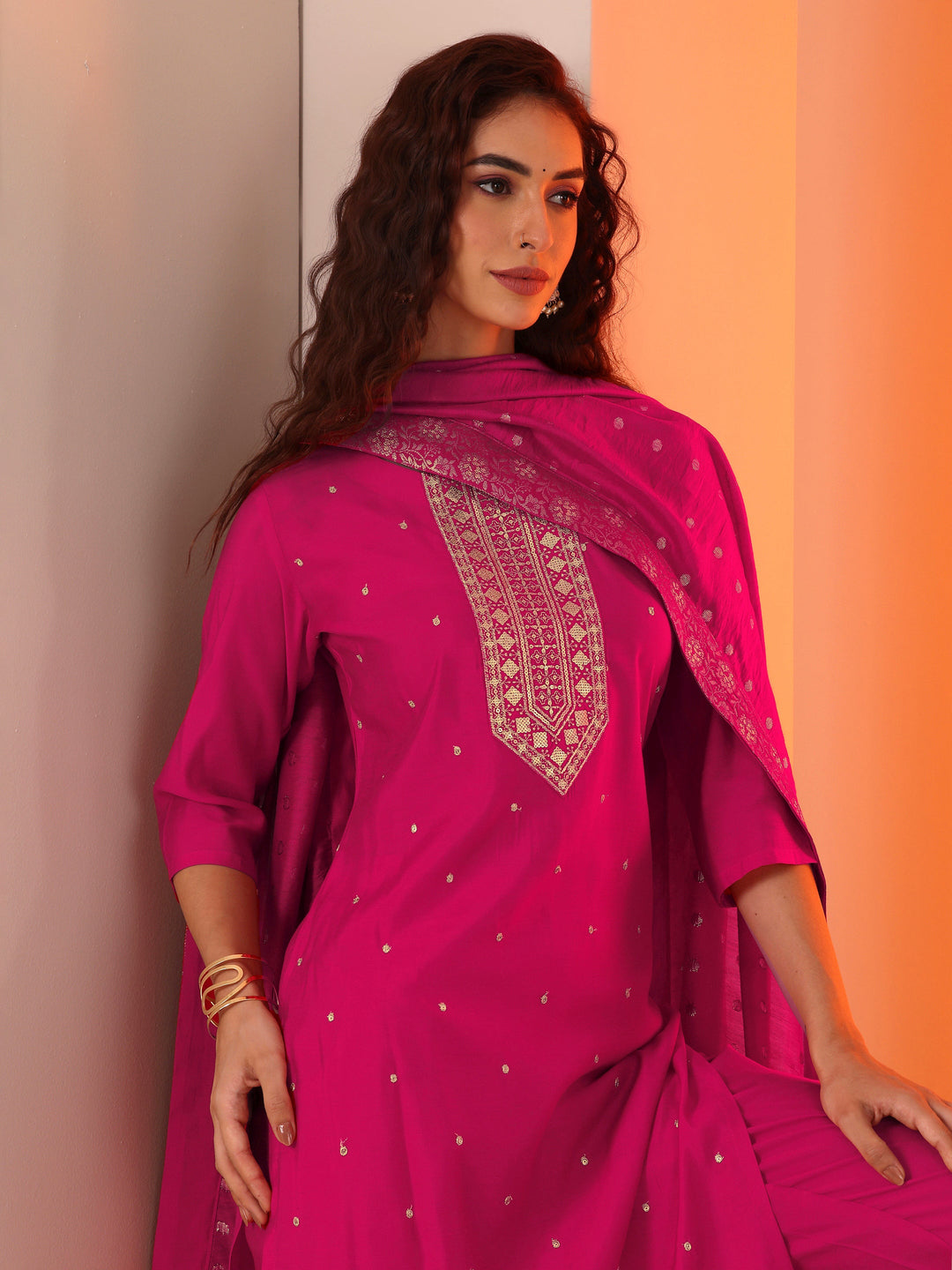 Pink Embellished Silk Blend Straight Suit Set With Dupatta