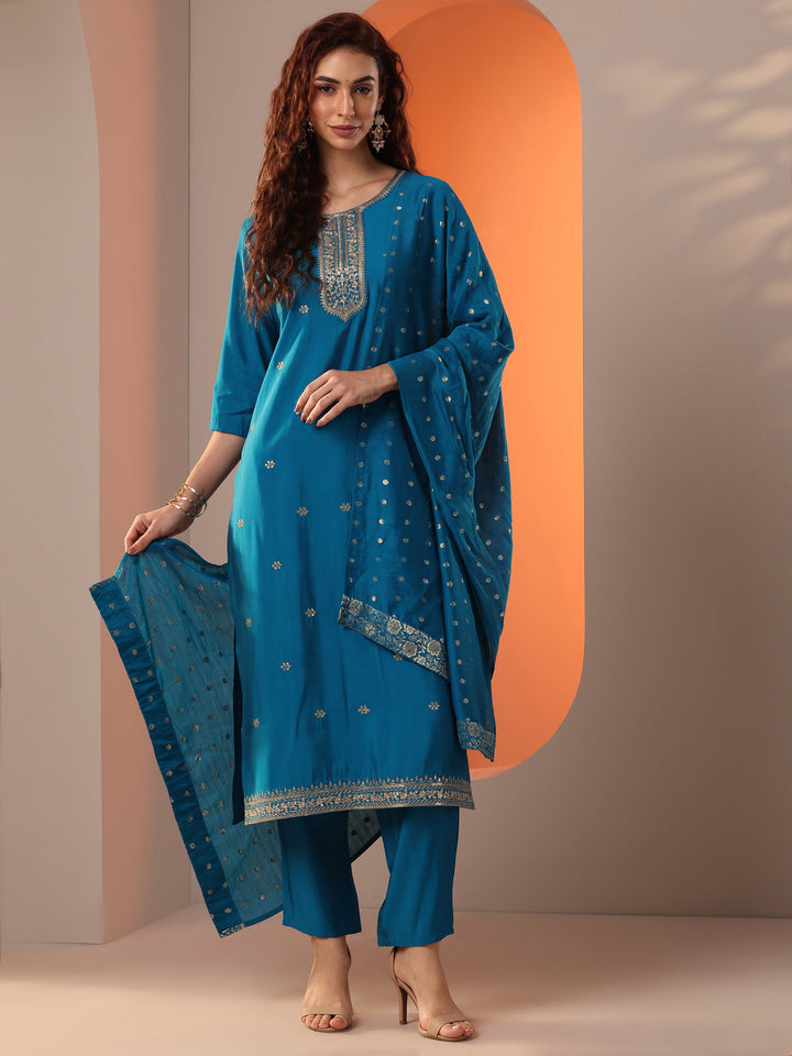 Blue Embroidered Silk Blend Straight Suit Set With Dupatta