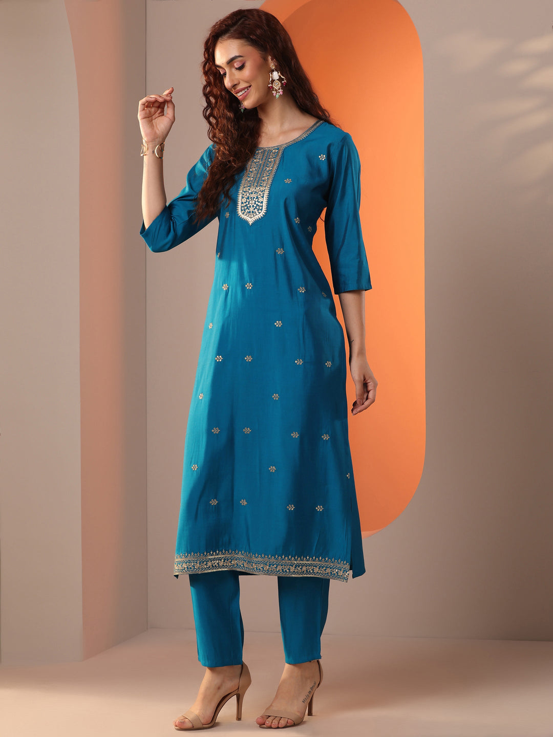 Blue Embroidered Silk Blend Straight Suit Set With Dupatta