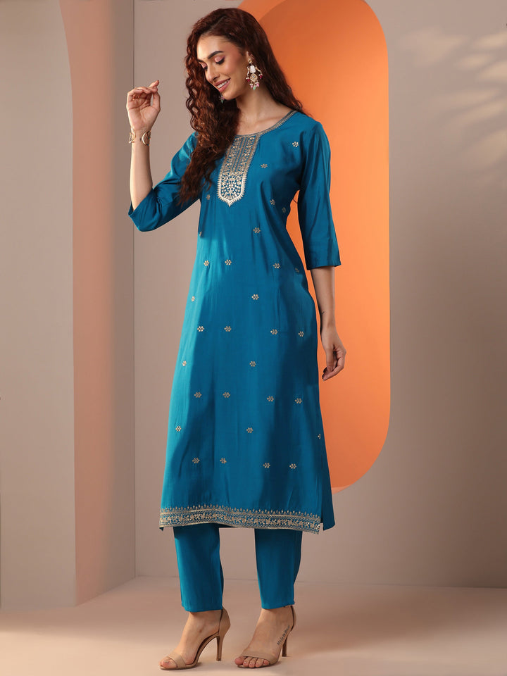 Blue Embroidered Silk Blend Straight Suit Set With Dupatta
