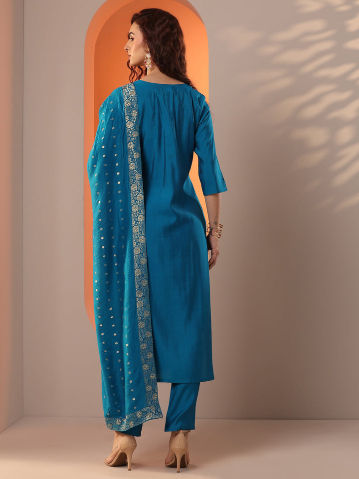 Blue Embroidered Silk Blend Straight Suit Set With Dupatta