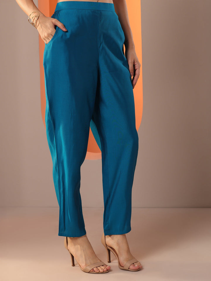 Blue Embroidered Silk Blend Straight Suit Set With Dupatta