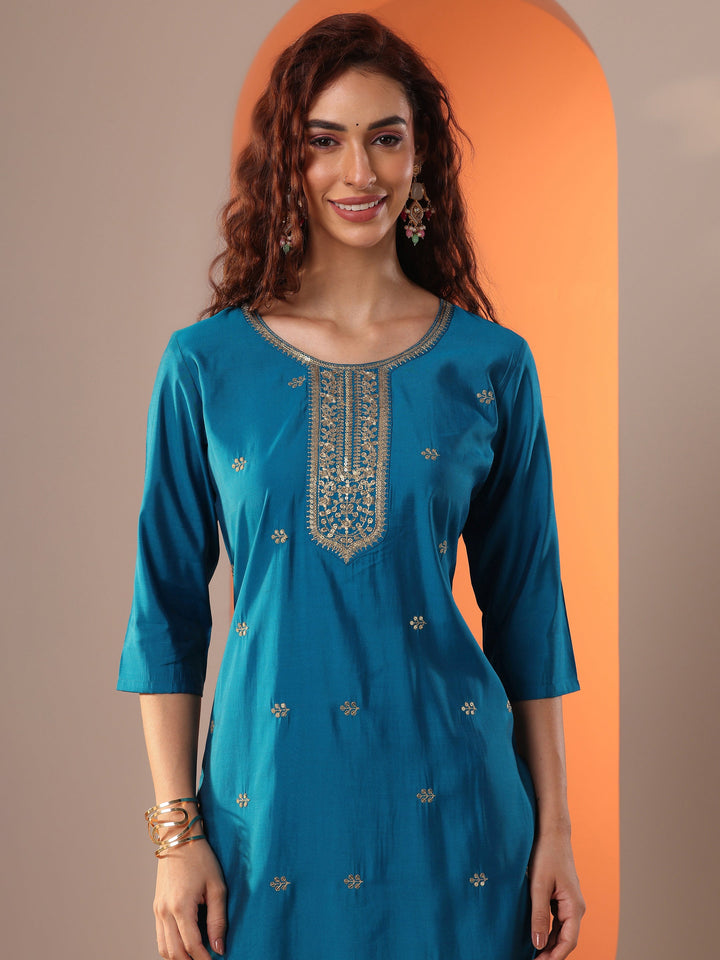 Blue Embroidered Silk Blend Straight Suit Set With Dupatta
