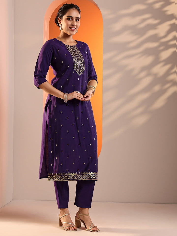 Purple Embroidered Silk Blend Straight Suit Set With Dupatta