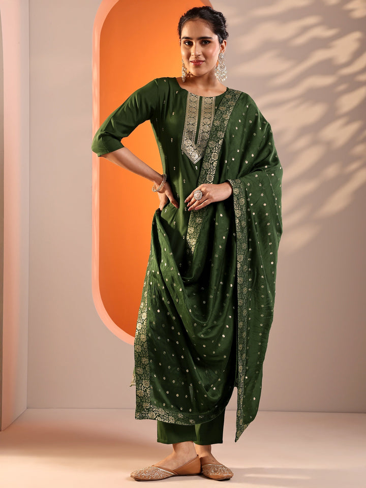 Olive Embroidered Silk Blend Straight Suit Set With Dupatta