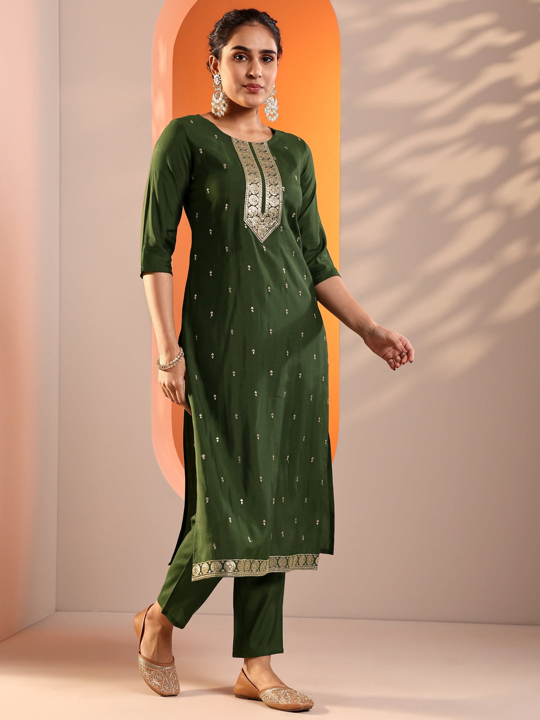 Olive Embroidered Silk Blend Straight Suit Set With Dupatta