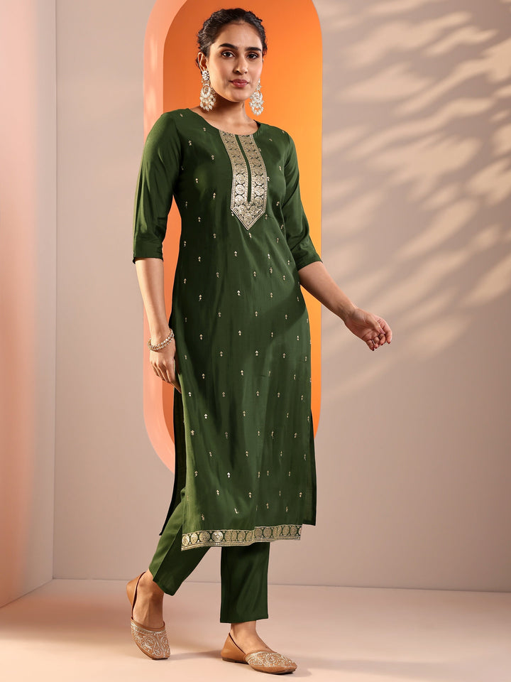 Olive Embroidered Silk Blend Straight Suit Set With Dupatta