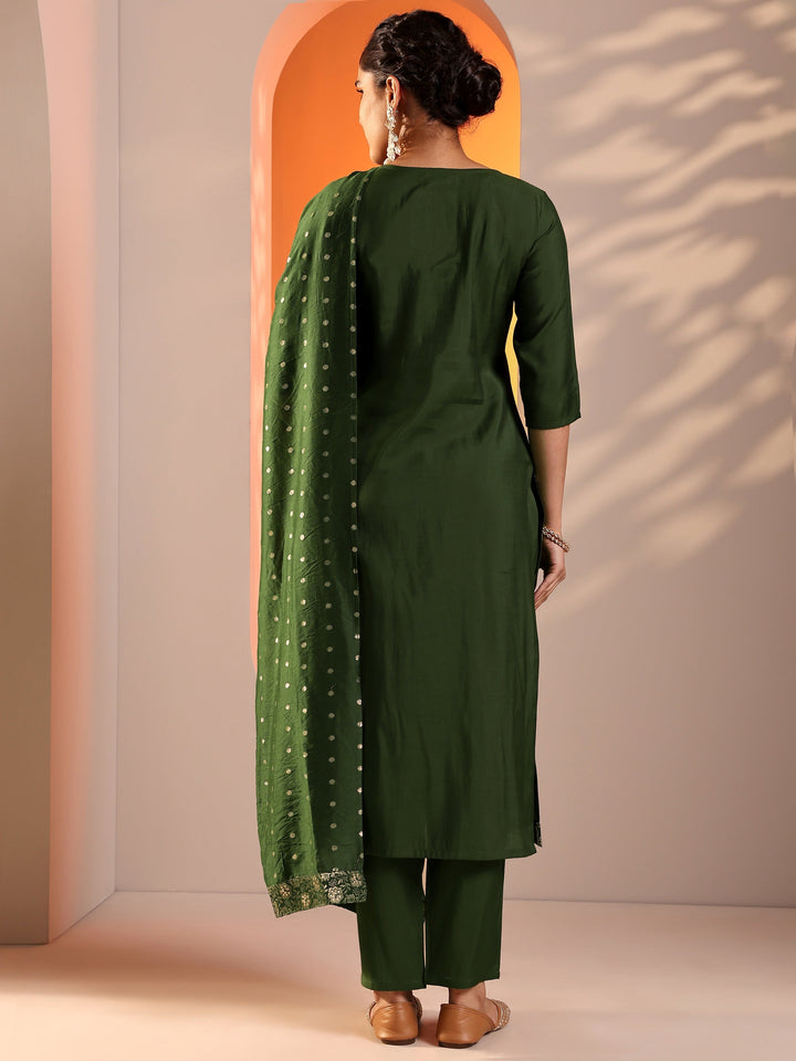 Olive Embroidered Silk Blend Straight Suit Set With Dupatta