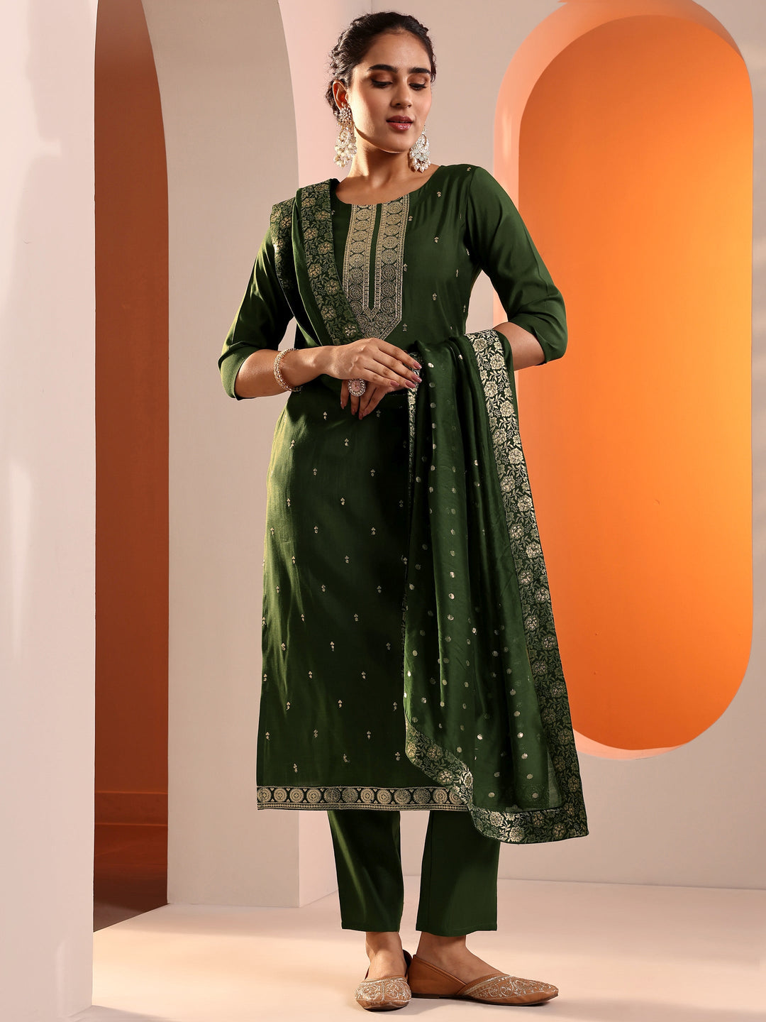 Olive Embroidered Silk Blend Straight Suit Set With Dupatta