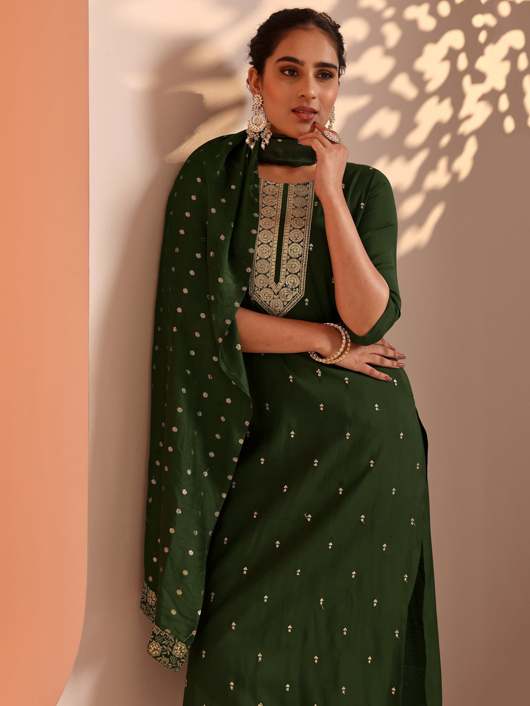 Olive Embroidered Silk Blend Straight Suit Set With Dupatta