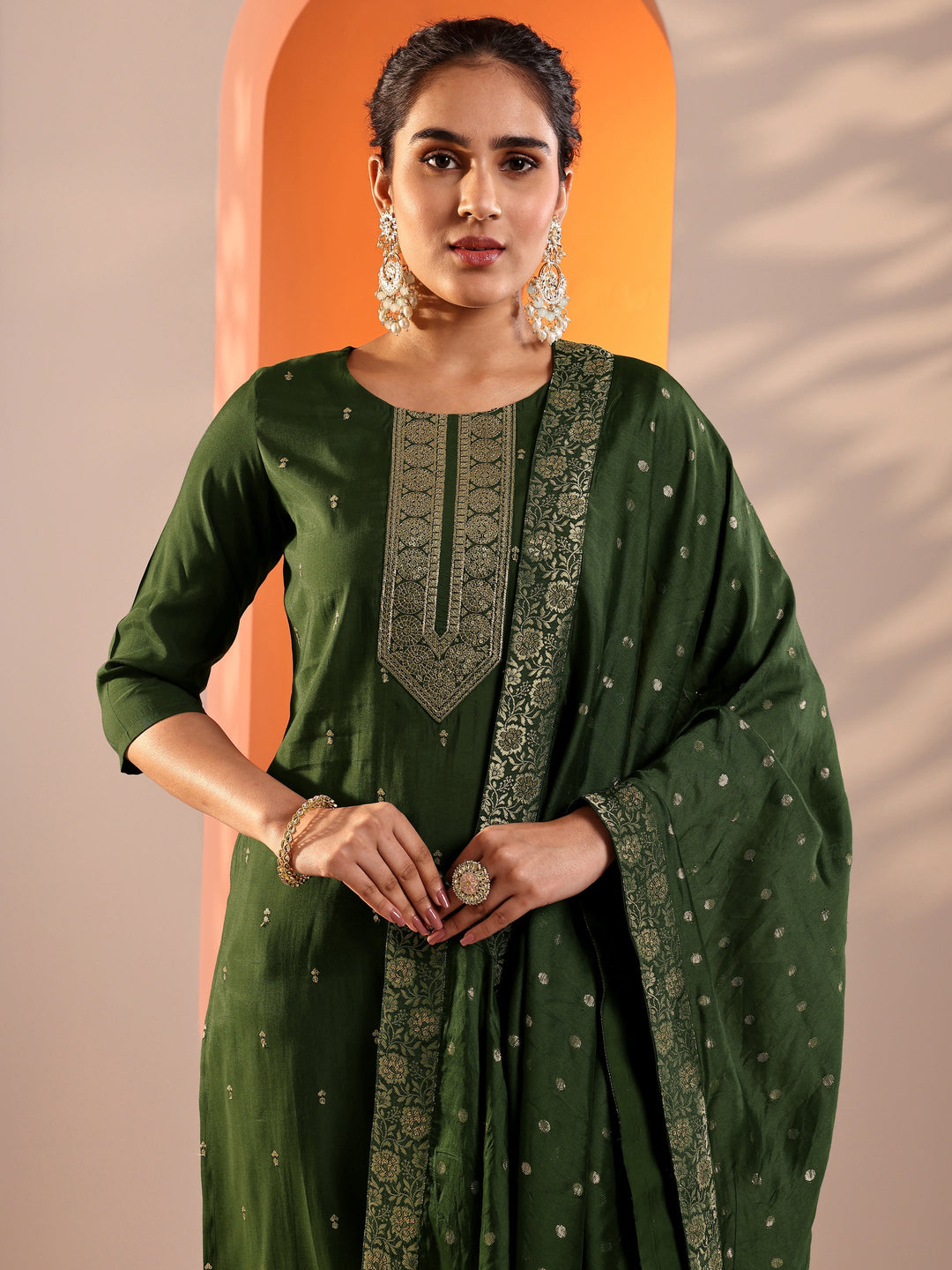 Olive Embroidered Silk Blend Straight Suit Set With Dupatta