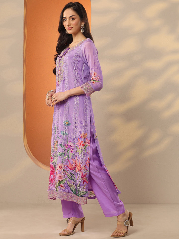 Lavender Embroidered Chinon Straight Suit Set With Dupatta