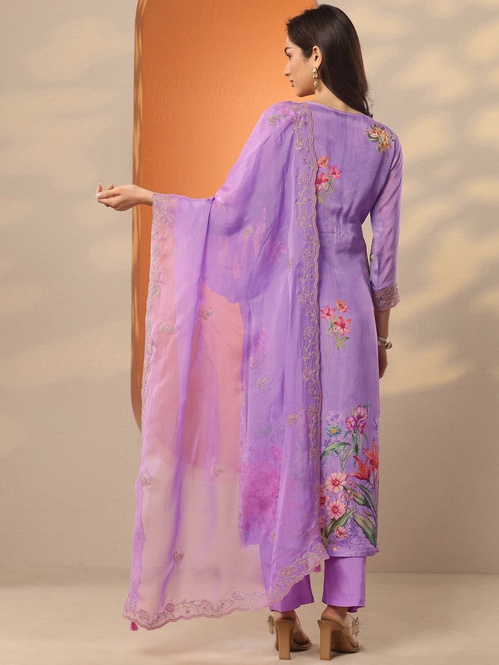Lavender Embroidered Chinon Straight Suit Set With Dupatta