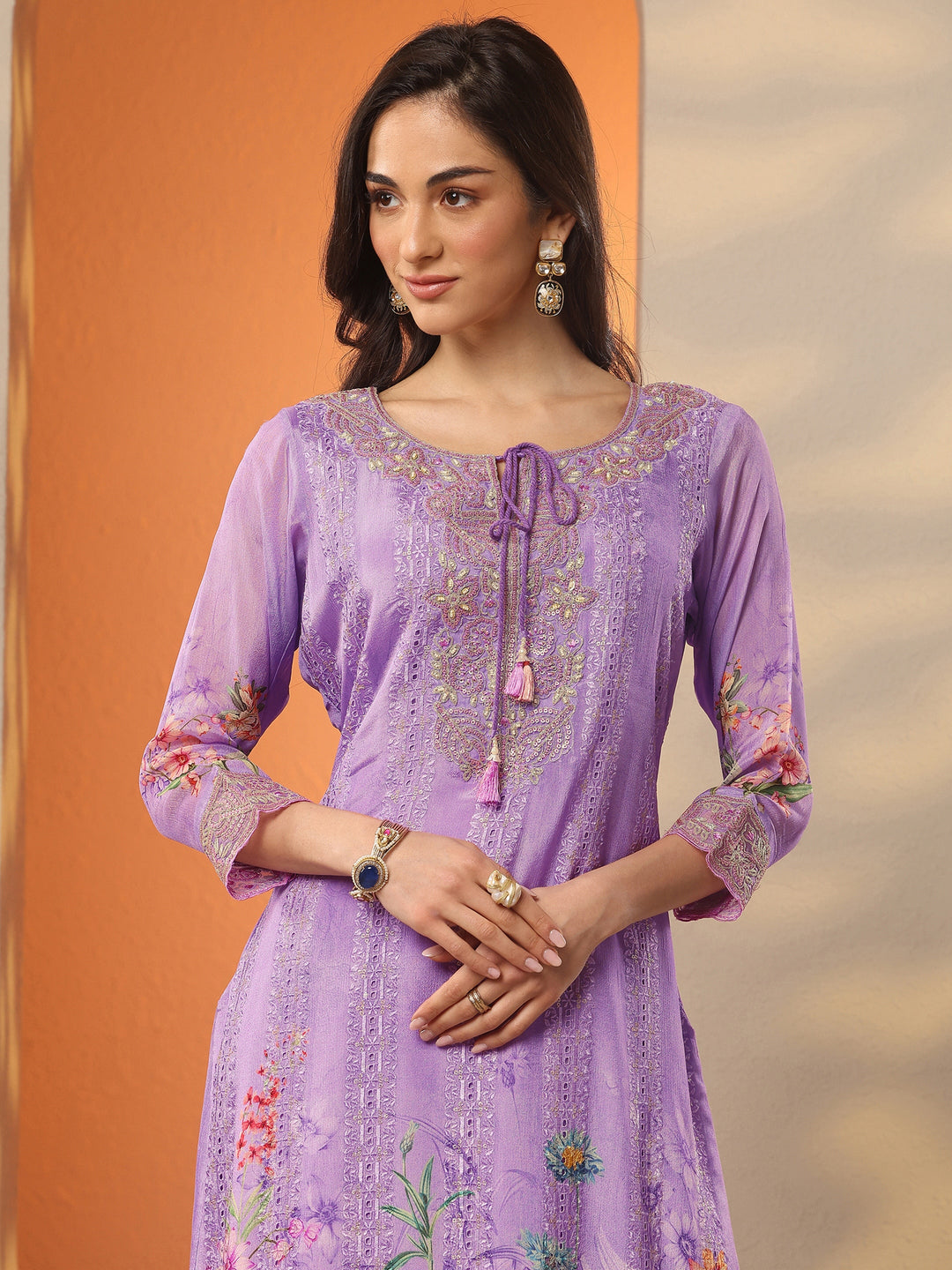Lavender Embroidered Chinon Straight Suit Set With Dupatta