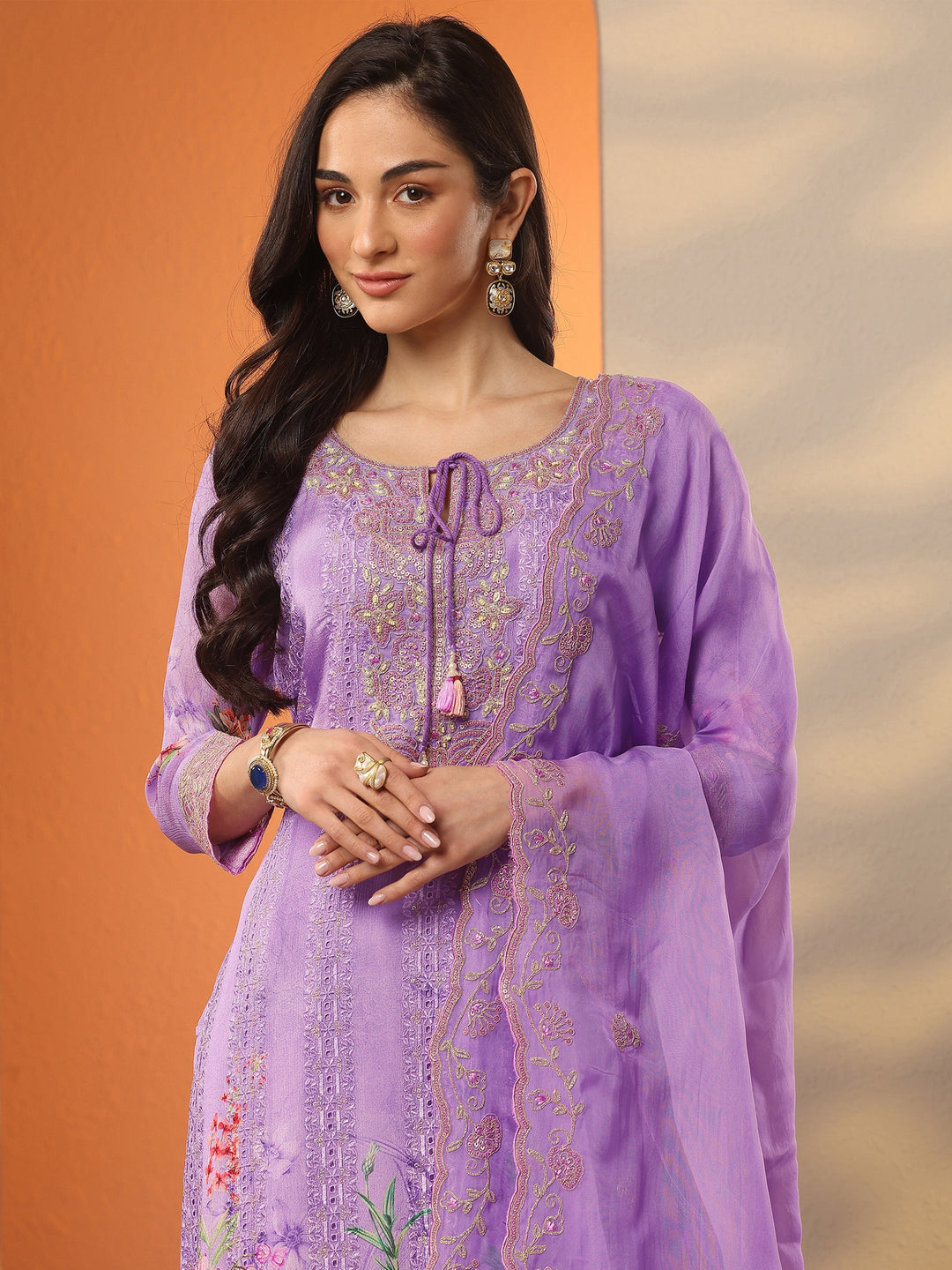 Lavender Embroidered Chinon Straight Suit Set With Dupatta