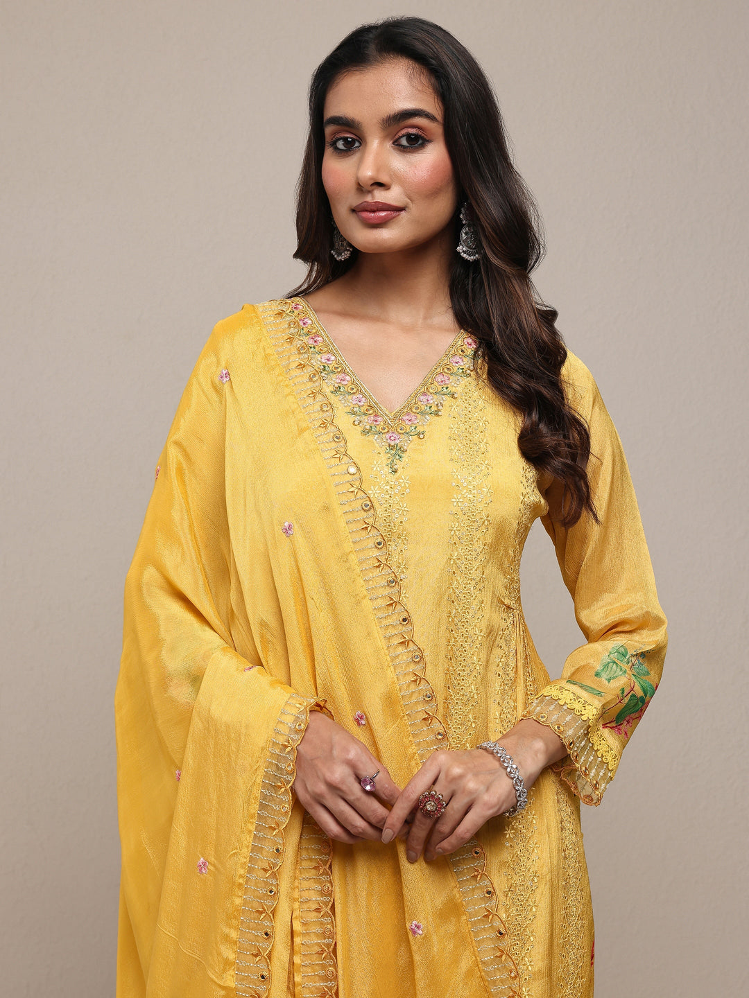 Mustard Printed Chinon Straight Suit Set With Dupatta