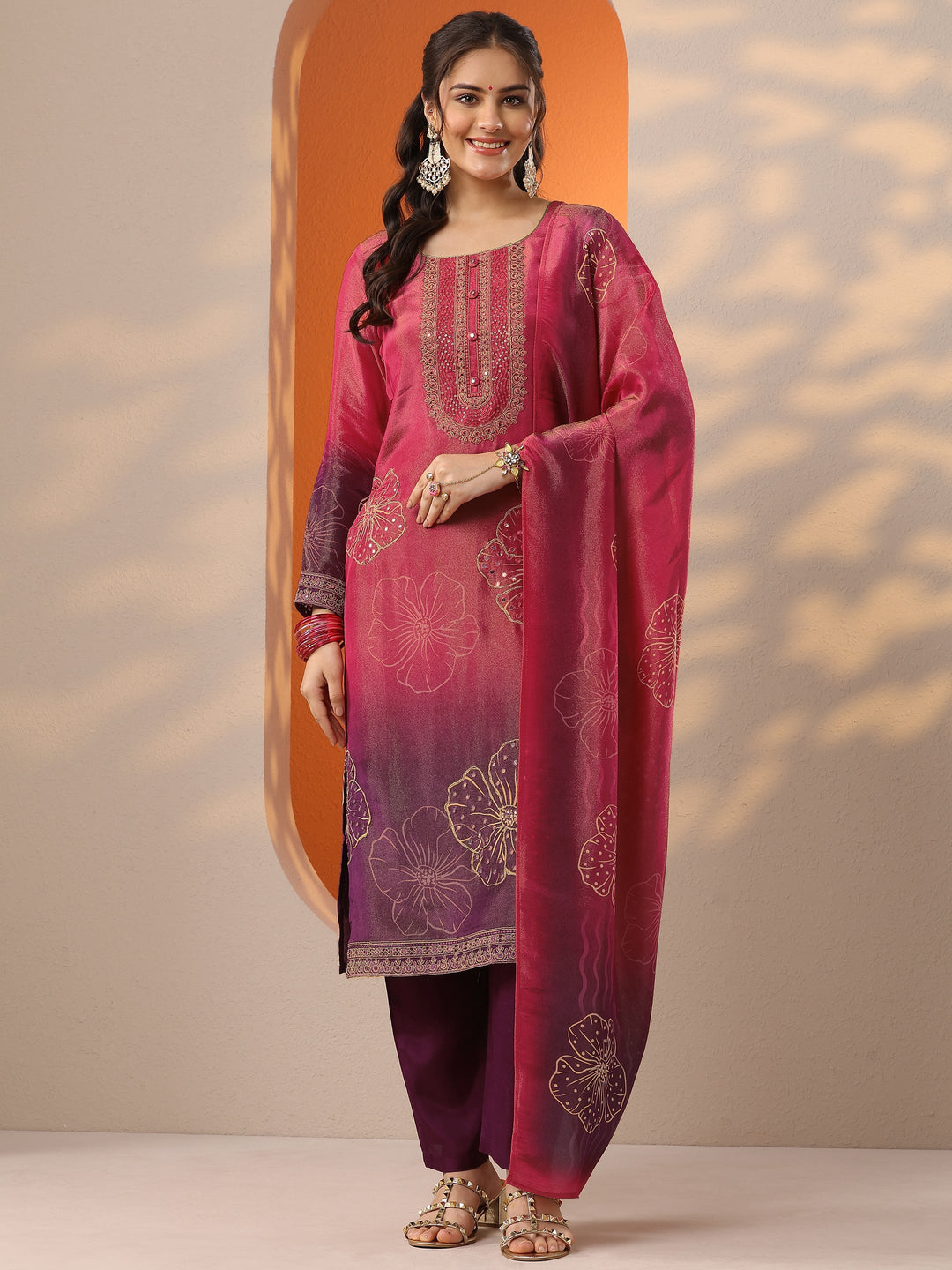 Pink Printed Silk Blend Straight Suit Set With Dupatta