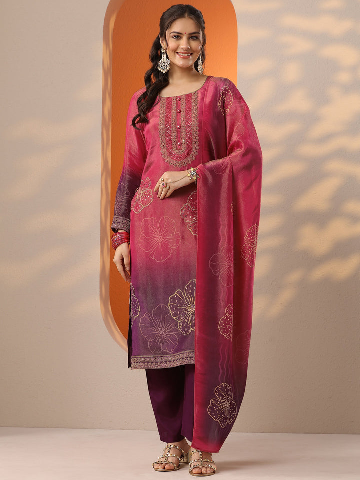 Pink Printed Silk Blend Straight Suit Set With Dupatta