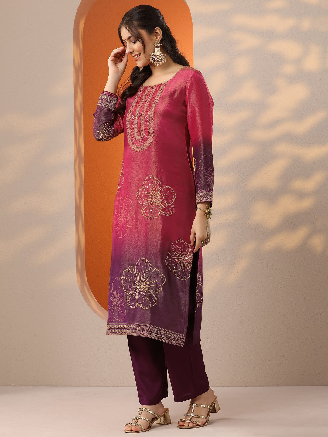 Pink Printed Silk Blend Straight Suit Set With Dupatta